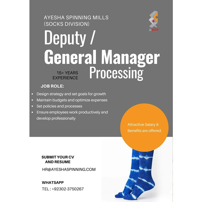 Deputy or General Manager Processing - Ayesha Spinning Mills